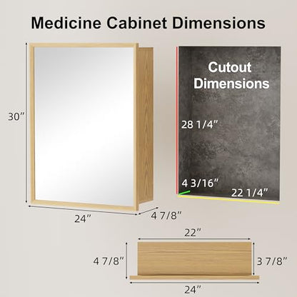 24x30 Inch Wood Medicine Cabinet with Mirror for Bathroom, Oak Finish | Recessed or Wall Mounted Cabinets, Adjustable Shelf, Soft-close Hinges, HD Reflection, Reversible Installation - size: 24x30