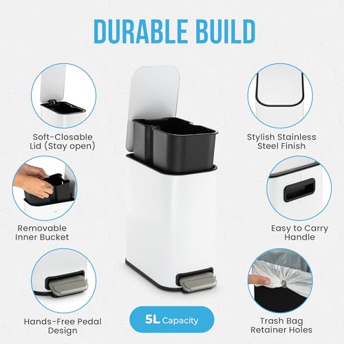 RED FACTOR Slim Small 1.3 Gallon Stainless Steel Pedal Trash Can with Soft Close Lid for Narrow Spaces – Wastebasket Bin with Removable Inner Bucket - color: Metallic White