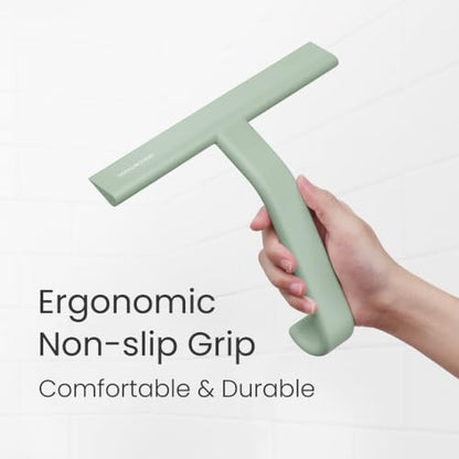 JustHang Shower Squeegee with Built-in Hook, 10'' Matte Green | Award-Winning Design, All-One-Piece Soft-Touch Silicone, for Glass Door, Bathroom, Window, Mirror, Tile Wall, Car - color: Matte Green