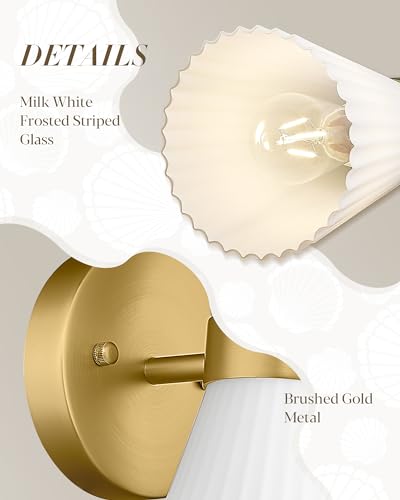 Modern Wall Sconce Set of 2, HWH 2-Light Up Down Wall Light Indoor Vanity Wall Lamp, Brushed Gold Bathroom Vanity Sconce Frosted White Striped Glass Shade, 5HZG97B-2W-2PK BG - color: Brushed Gold, size: 2-Light*2