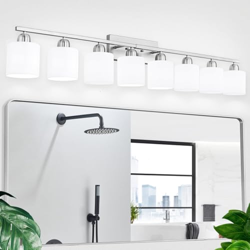 Brushed Nickel Bathrooms Lights for Huge Mirror, 8 Light Anti-Rust Finish with Milky White Frosted Glass Shades, 51 Inch Above Mirror Lights for Bathroom, E26 - color: Nickel & Milky White Glass, size: 8-Light
