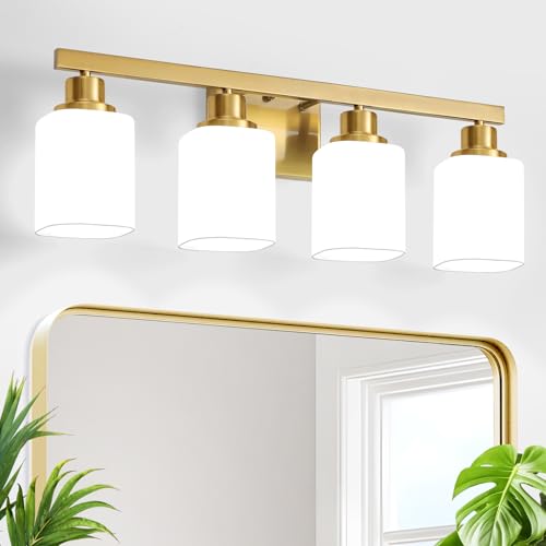 Brushed Gold Bathroom Vanity Light,4-Light Bathroom Light Fixtures with Square Frosted Glass,Gold Bathroom Wall Lamp Sconces for Mirror Bedroom,Living Room Hallway,E26 - color: Gold, size: 4-Light