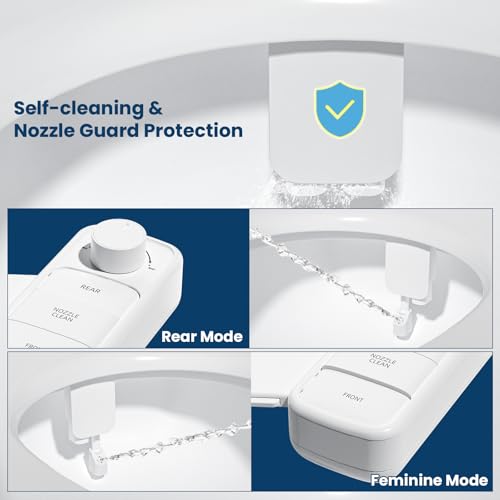 Ultra-Slim Bidet Attachment, Self-Cleaning Dual Nozzle (Feminine/Posterior Wash), Accessibility-Enhanced Large Buttons, Quick-Release, Non-Electric Fresh Water System with Adjustable Pressure