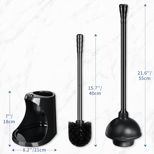 Qaestfy Toilet Plunger and Brush Set for Bathroom Cleaning, 2-in-1 Long Handle Toilet Bowl Brush with Stiff Bristles & Powerful Plunger, Space-Saving Holder (Pack of 2)