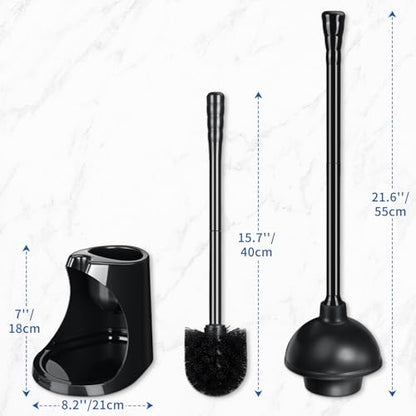 Qaestfy Toilet Plunger and Brush Set for Bathroom Cleaning, 2-in-1 Long Handle Toilet Bowl Brush with Stiff Bristles & Powerful Plunger, Space-Saving Holder (Pack of 2)