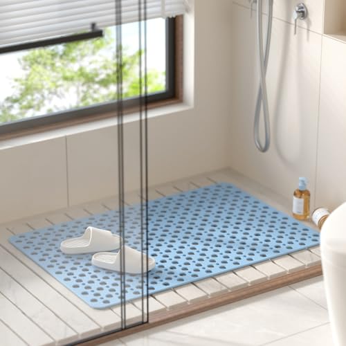 HITSLAM Bathtub Mat Non Slip, 35 x 24 Inch Long TPE Bath Mat for Tub, Efficient Drainage Bathroom Shower Mat with Suction Cups, Bath Tub Mat, Soft on Feet and Easy to Clean, Blue - color: Blue, size: 35" x 24" (Rectangular)