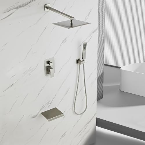 Brushed Nickel Rainfall Shower Faucet Set with Tub Spout 12 Inch | Shower Head and Handle for Bathroom Rain Shower and Handheld Shower System Square Wall Mount - color: Brushed Nickel, style: 12 Inch