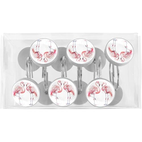 Pink Flamingo Shower Curtain Hooks Set of 12 | Bathroom Decor Rustproof Metal Decorative Shower Hooks Rings for Curtains Rods
