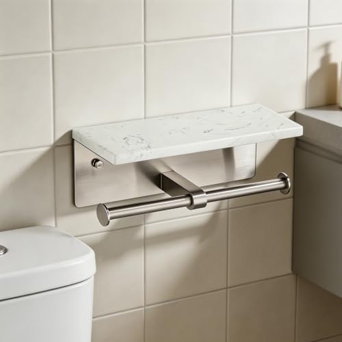 Brushed Nickel Toilet Paper Holder Wall Mount, NEWRAIN Rustproof Commercial Double Toilet Tissue Holder with Marble Phone Shelf, Stainless Steel Toilet Roll Holder for Bathroom, Washroom, Hotel, RV - color: Brushed Nickel, style: Marble