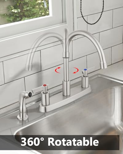 Kitchen Faucet with Side Sprayer, 8 Inch Centerset 4-Hole Nickel | Lead-Free 4-Hole High Arc Kitchen Sink Faucet, 1.8 GPM, 360° Spout - color: Nickel
