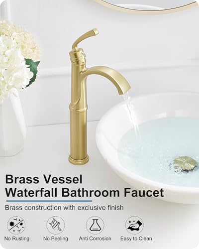 Tall Vessel Sink Faucet, Brass Waterfall Bathroom Sink Faucet Single Handle, Gold Bathroom Faucet 1 Hole, Tall Bathroom Faucets with Pop-Up Drain Water Supply Hoses - color: Brushed Gold