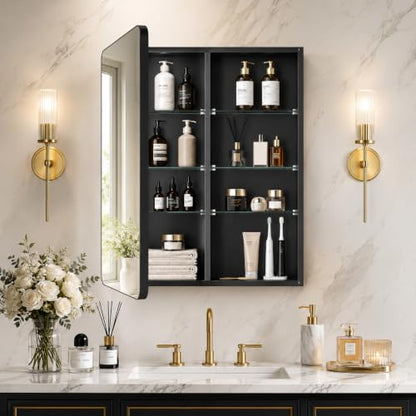 Medicine Cabinet 20x30 Inch, Bathroom Wall Mirror Cabinet with Storage, 6-Tier Adjustable Glass Shelving, Waterproof Aluminum Frame, Quiet Soft Close, Modern Vanity Decor - size: 20"x 30"