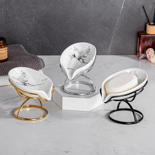 Dobbyby Leaf-Shaped Soap Dish – Ceramic Soap Bar Holder with Self-Drainage System – Bar Soap Holder for Shower, Bathroom Sink, Kitchen – Soap Dish with Stainless Steel Stand (White-Gold-2 Pack) - color: White-gold-2 Pack