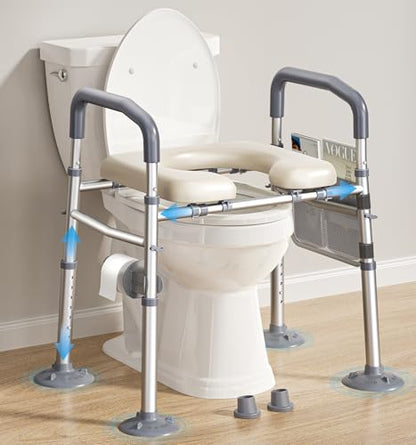 Raised Toilet Seat Risers with Handles for Seniors, White | Adjustable 7 Height & 6 Width, Fits Any Toilet, Heavy-Duty 400lbs Capacity, Soft Padded Seat,For Elderly & Handicap