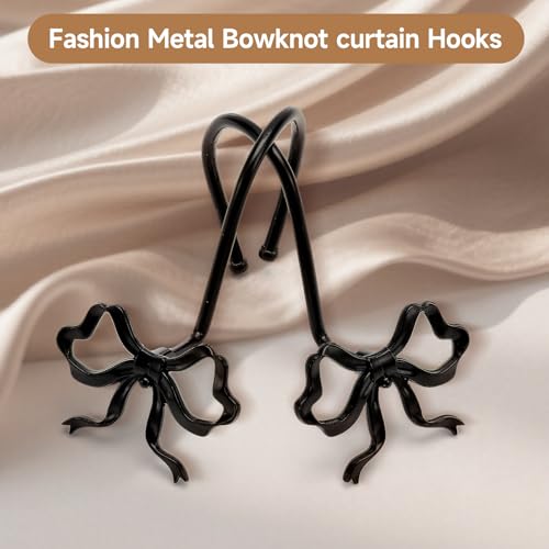12 Pack Elegant Bow Shower Curtain Hooks, Black Metal Rustproof Decorative Shower Curtain Hooks, Shower Curtain Hangers for Bathroom Art Decor