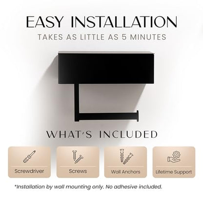 Day Moon™ Matte Black Toilet Paper Holder with Shelf & Wipe Storage, Bathroom Roll Holder with Built-in Wipe & Tampon Holder, Wall Mounted Flushable Wipe Dispenser - color: Matte Black