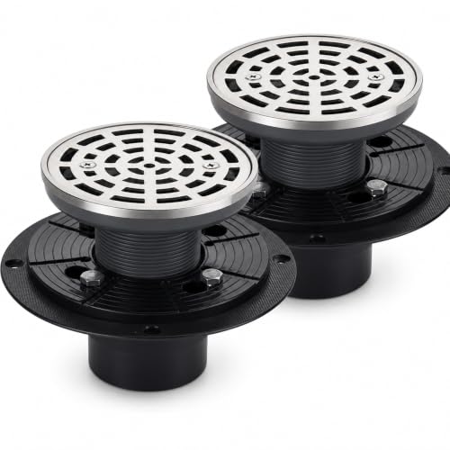 Lounsweer 2 Pack 4-1/4 Inch Round Shower Drain Brushed Nickel | Sus304 Stainless Steel with Removable Grid Grate Covers Adjustable PVC Base Flange for Bathroom Floor