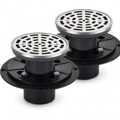 Lounsweer 2 Pack 4-1/4 Inch Round Shower Drain Brushed Nickel | Sus304 Stainless Steel with Removable Grid Grate Covers Adjustable PVC Base Flange for Bathroom Floor