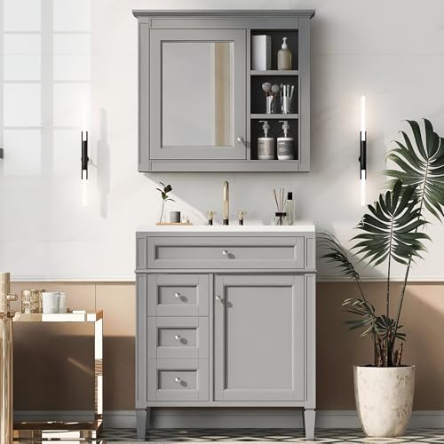 Marzzi 30" Bathroom Vanity Set with Matching Mirror Cabinet | Modern Single Sink Bathroom Vanity with Storage Cabinet, 2 Drawers & Tip-Out Drawer, Medicine Cabinet, Solid Wood Frame - color: Grey, size: 30"