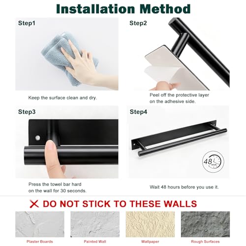 Self Adhesive Towel Bar, 16 Inch Round Towel Racks for Bathroom Wall Mounted SUS304 Stainless Steel Towel Hanger for Kitchen, No Drill or Screw-Mounted Towel Holder (Matte Black) - color: Matte Black