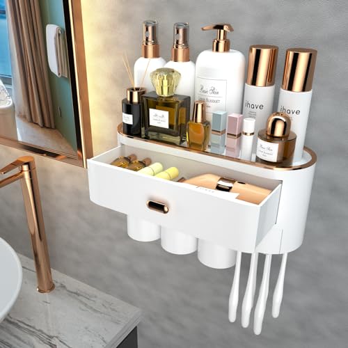 iHave Toothbrush Holders for Bathrooms, Wall Mounted Toothbrush Organizer | Elegant White & Gold Bathroom Decor: 3 Cups, 6 Slots, Large Tray & Drawer Wall Mount Toothbrush Organizer, No Drilling - size: 3 cup