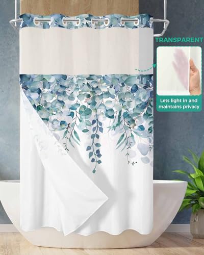 No Hook Shower Curtain and Snap in Liner Set, Blue Green Eucalyptus Fabric Bathroom Stall Shower Curtains 36x72, See Through Mesh Top Window, Spring Summer Botanical Floral Leaves Country Hotel Style - color: Blue Green, size: 36"W x 72"L (Pack of 1)