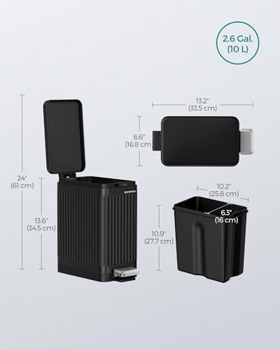 SONGMICS Bathroom Trash Can, 2.6-Gallon (10 L) Trash Bin with Lid, Slim for Small Spaces, Stainless Steel Garbage Can, Soft Close, Black ULTB562B01 - color: Black, style: 2.6 Gal. & fluted design