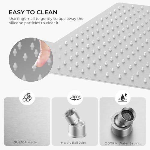 Oversize Rain Shower Head, Ultra Thin 16 Inch Square Stainless Steel Rainfall Shower Head with 360° Rotation, High Pressure Waterfall, Full Body Coverage, Brush Nickel - color: Brushed Nickel, size: 16 Inch