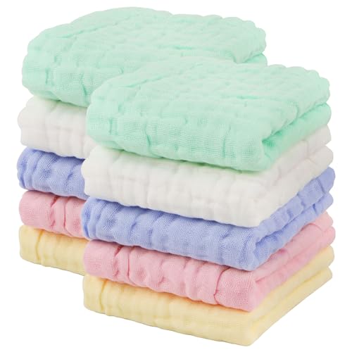AIDEA Baby Washcloths and Burp Cloths, Absorbent Cotton Muslin Baby Towels, Large Soft Breathable Newborn Essentials for Boys and Girls, Newborn Essentials, 10 Pack, 10"x10" - color: Multicolor, size: 10"x10"-10PK