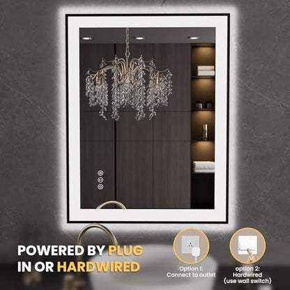 LOAAO 28"X36" LED Bathroom Mirror Black Framed | Anti-Fog, Dimmable, Memory Function, Tempered Glass, Lighted Vanity Mirror for Wall - size: 28"L x 36"W