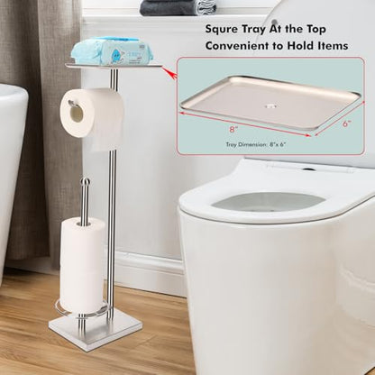 Toilet Paper Holder with Tray At the Top, Heavy-Weighted Stainless Steel Base No Wobbly, Freestanding Toilet Paper Rolls Stand, Hold Extra 3 Paper Rolls On the Base (Brushed Nickel) - color: Brushed Nickel