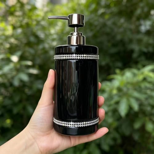 Black Ceramic Soap Dispenser with Silver Pump for Bathroom, Refillable Liquid Hand Soap Dispenser, Bling Moissanite Design for Kitchen Dish Soap, Hand Soap, Pump Bottle for Liquid (Black) - color: Black