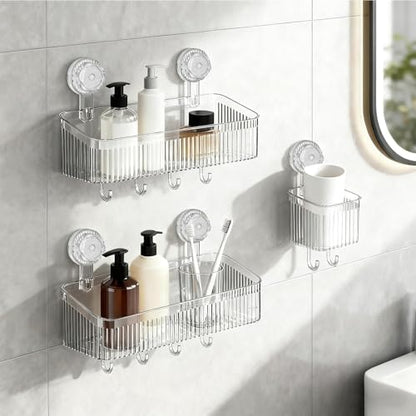 3 Pack Suction Cup Shower Caddy Not Suitable for Wet Wall | Clear Shower Shelves No Drillingwith Movable Hooks & Toothbrush Holder, Wall Storage Shelves for Bathroom, Kitchen