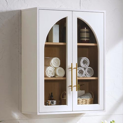 Bathroom Wall Cabinet, 23.5×31.4'' Storage Cabinet, Arched Cabinet Wall Mount with Adjustable Shelf & Glass Doors, Medicine Cabinet for Laundry Room, Bathroom, Kitchen, Living,White/Natural Oak,1PC - color: White/Natural Oak