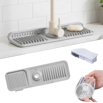 Faucet Mat for Kitchen Sink, Silicone Sink Splash Guard with 1 Crevice Cleaning Brush and 100 Kitchen Sink Strainer Mesh Bags,7°Slope Fast Self-draining, Fast Drying Tidy Faucet Mat Splash Guard,Gray