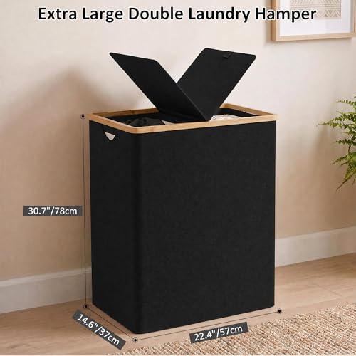 efluky Laundry Hamper with Lid, Double Laundry Basket with 2 Removable Bags, 2 Section Laundry Bin with Bamboo Handles for Bathroom, Bedroom & Laundry Room, 170L (44.9 Gallon) Black - color: Black, size: 170L Dual