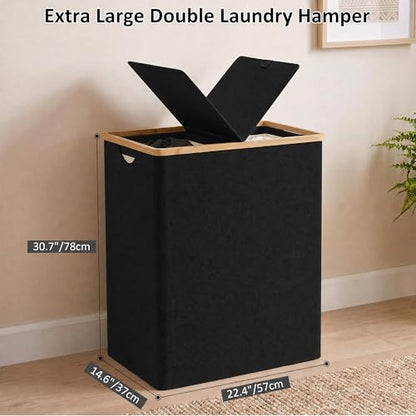 efluky Laundry Hamper with Lid, Double Laundry Basket with 2 Removable Bags, 2 Section Laundry Bin with Bamboo Handles for Bathroom, Bedroom & Laundry Room, 170L (44.9 Gallon) Black - color: Black, size: 170L Dual
