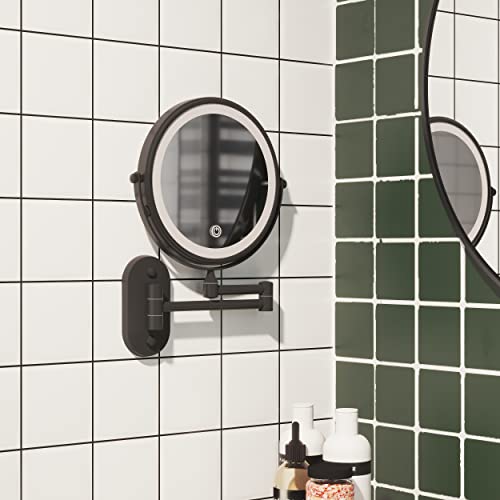 Ruacq Wall Mounted Makeup Mirror with 3 Lights, 1X/10X, Matte Black | Rechargeable Adjustable Brightness, Stainless Steel, Round, Gift for Mom, Women, Wife, Girls, Dorm Room Essential - color: Round Black