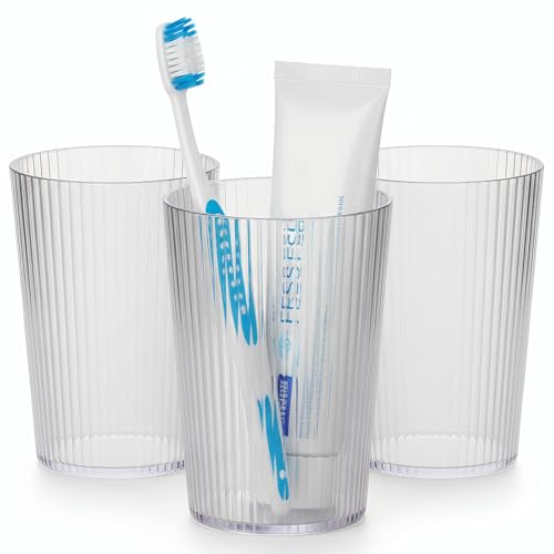NiHome Toothbrush Holders for Bathrooms 3 Pack, Striped Clear Tumbler Cups | 13.5oz Unbreakable Plastic Mouthwash Set, Reusable Bathroom Accessories Organizer for Toothpaste Pen Holder, Easy to Clean - color: Striped Clear