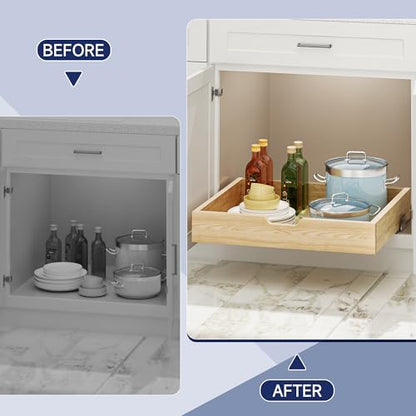 Pull Out Cabinet Organizer, 25.5 in W x 21 in D Solid Wood Slide Out Drawer, Soft Close Sliding Shelf, Bottom or Side Mount for Kitchen Pantry Bathroom, Fits 26.5 in Cabinet Opening - size: 25½” W × 4"H x 21” D