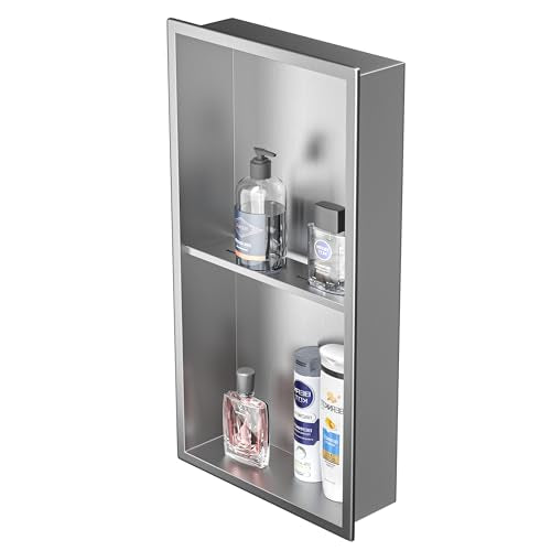 Stainless Steel Shower Niche Brushed 24" X 12" W/ 2-Tier Shelf | Recessed shower niche no tile needed,space-saving,vertical niche, silver bathroom niche shower for shampoo & soap storage - color: Brushed, size: 24"x 12"