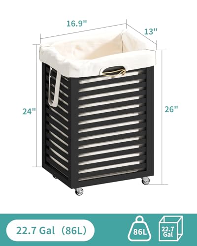 Laundry Basket with Wheels, Rolling Laundry Hamper, Bamboo Wood Laundry Cart with Removable Bag (Black—Beige Bag) - color: Black—Beige Bag