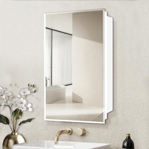 16x26 inch Medicine Cabinet with Mirror, Recessed Medicine Cabinet or Surface Wall Mount Plastic Bathroom Cabinets with Removable Shelves, Beveled Edge Mirror Cabinet - style: CS5004A-1626