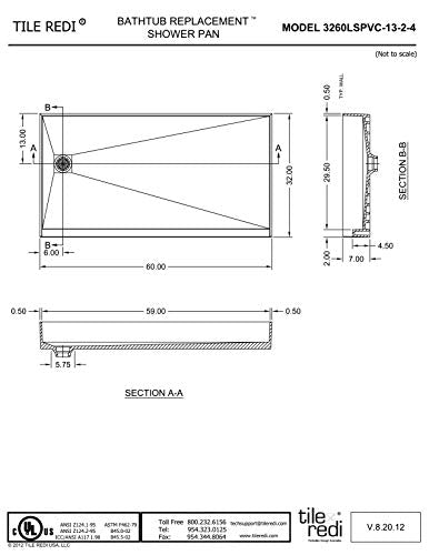 Tile Redi 3260LSPVC-13-2-4 Shower Pan with Left Drain- Single Curb Shower Base, 2" PVC Drain, and Plate Included, 60" Width x 32" Depth - size: 60" W x 32" D, style: Left Round Drain Plate 13" from Back