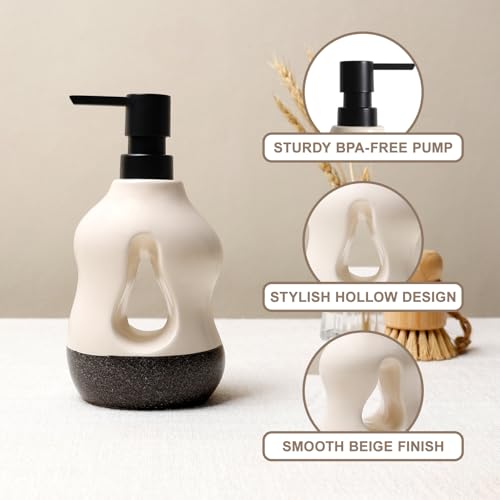 BosilunLife Ceramic Soap Dispenser - Soap Pump Dispenser Bathroom Kitchen Modern Farmhouse Elegant Refillable Soap Dispenser Lotion Hand Pump Dispenser for Kitchen Sink (Beige with Black Base, 15oz) - color: Beige With Black Base