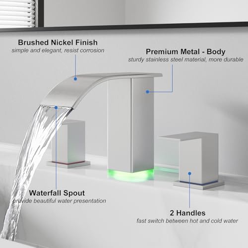 RUMOSE LED Bathroom Faucets Set 3 Hole Vanity Faucet with Pop Up Drain | Brushed Nickel Bathroom Sink Faucet, Widespread Waterfall, 3 Colors Light Changing, Stainless Steel, Deck Mounted - color: Brushed Nickel