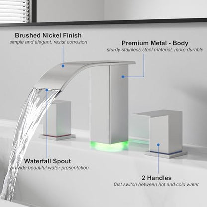 RUMOSE LED Bathroom Faucets Set 3 Hole Vanity Faucet with Pop Up Drain | Brushed Nickel Bathroom Sink Faucet, Widespread Waterfall, 3 Colors Light Changing, Stainless Steel, Deck Mounted - color: Brushed Nickel