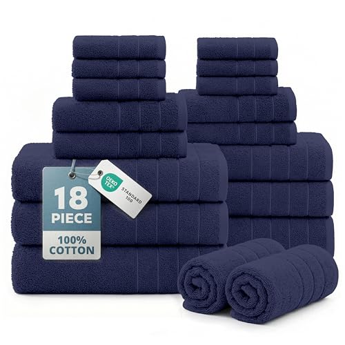 Casa Platino Luxury Cotton Bath Towel Set - 18 PCs - Low Twist, Soft & High Absorbency - 6 Bath, 6 Wash Cloth, 6 Hand Towels - Classic Hotel Quality, Durable & Ideal for Modern Bathrooms - Navy Blue - color: 03: Navy Blue, size: 18 Piece Towel Set