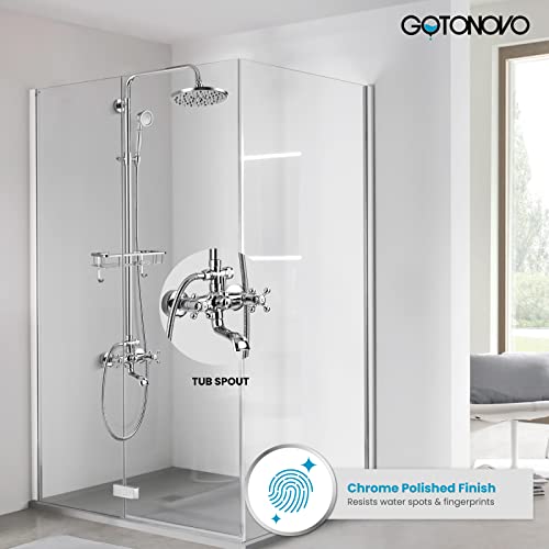 gotonovo Exposed Shower System with Shelf 2 Cross Handle Polished Chrome | Bathroom Brass Shower Faucet Set,8’’ Rainfall Head with Handheld Sprayer,SUS304 Shelf,6’’ Hole Distance,Adjustable Height - color: Chrome