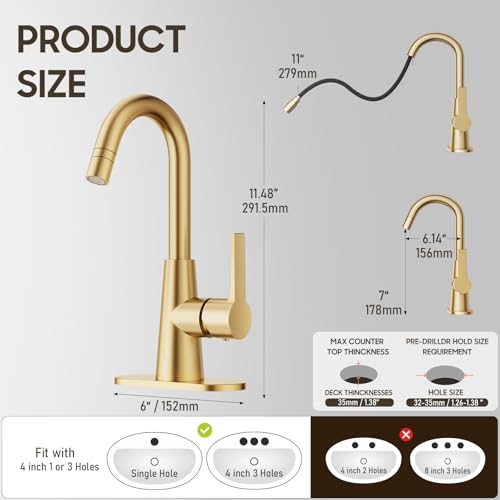 Brushed Gold Tall Bathroom Sink Faucet with Pull Down Sprayer, High Arc Single Handle Pull Out Faucet with Pop-Up Drain, 1 or 3 Hole Laundry Bar Basin Faucet with Deck Plate,WE10CL-ZY-BG - color: Brushed Gold